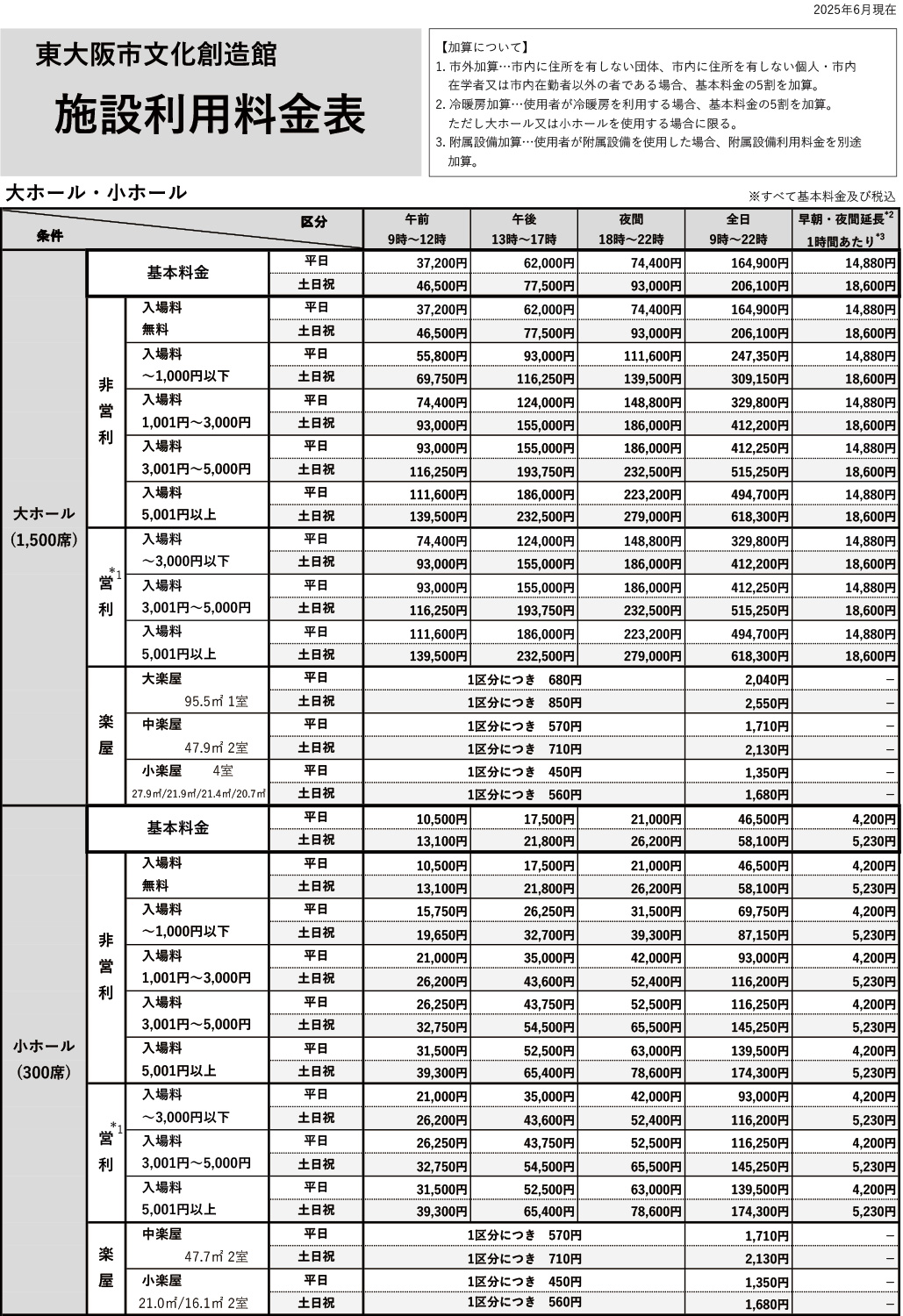 施設利用料金表の画像